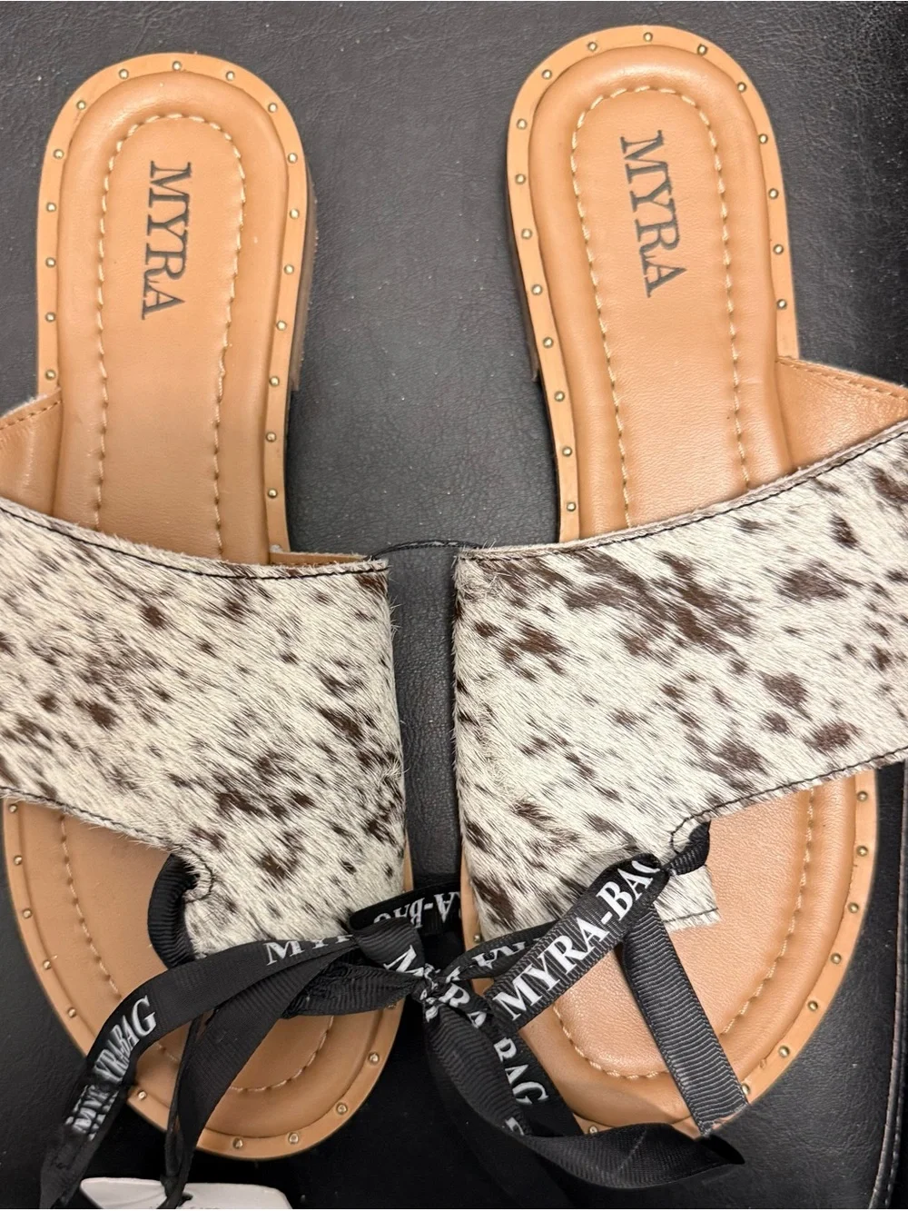 Myra Bag Tan and Speckled Hair-On-Hide Slide Sandals with Branded Ribbon
